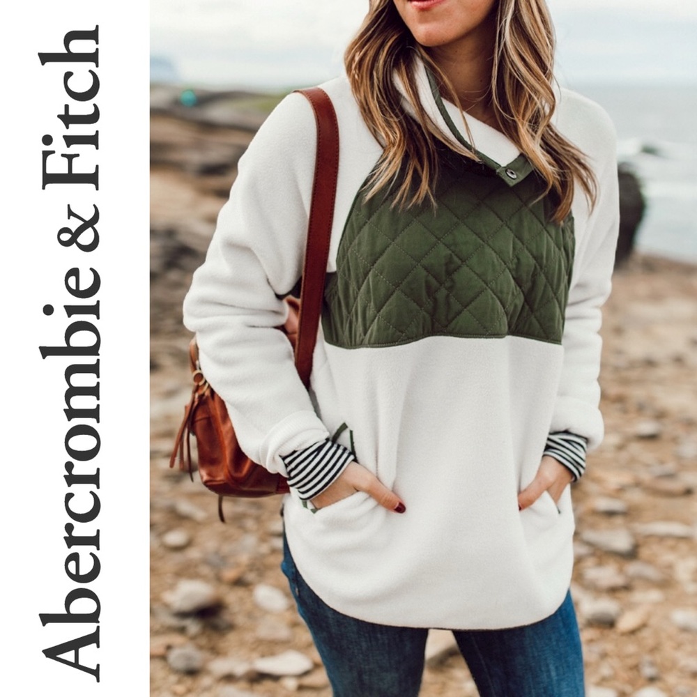 Abercrombie & Fitch Olive-Green Quilted Snap Up Fleece Funnel Neck Sweater Large